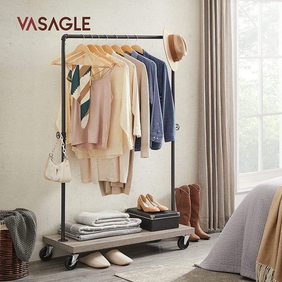 VASAGLE Clothes Rack Single Rail with Wheels Greige