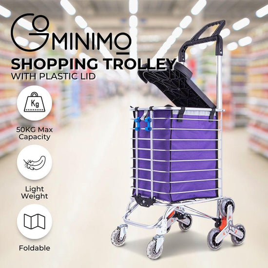 GOMINIMO Foldable Aluminum Shopping Trolley Cart with Wheels and Lids Purple and Silver