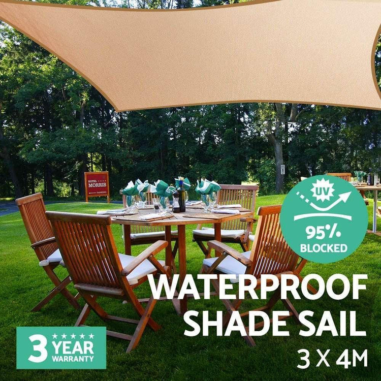 Instahut Waterproof Shade Sail 3x4m Rectangle Sand 95% Shade Cloth