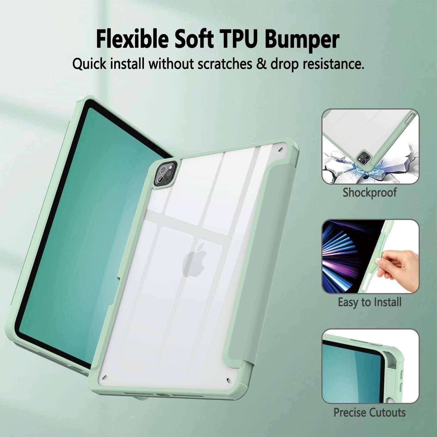 iPad Pro 11 Inch 2020-2022 Soft Tpu Smart Premium Case Auto Sleep Wake Stand Clear Cover Pencil holder Green