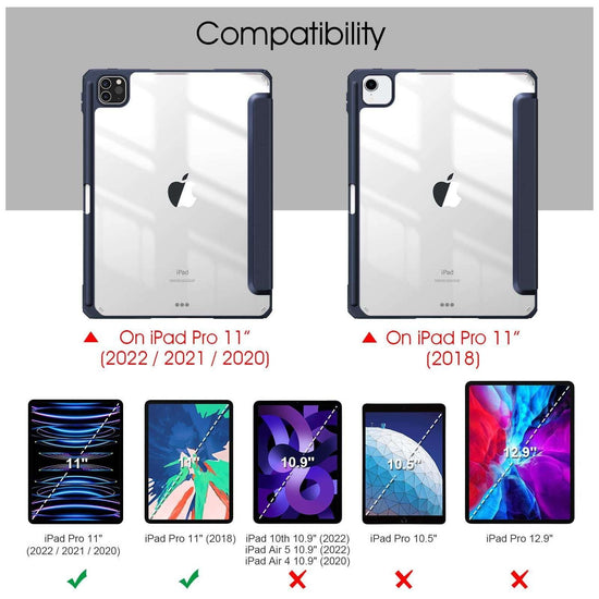 iPad Pro 11 Inch 2020-2022 Soft Tpu Smart Premium Case Auto Sleep Wake Stand Clear Cover Pencil holder navy blue