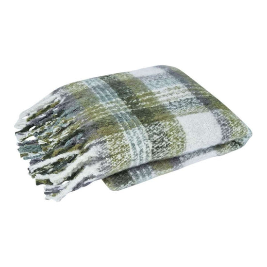 J Elliot Home Aiden Olive Multi Faux Mohair Throw Rug with Fringe 130 x 160cm