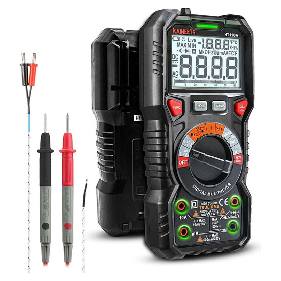 KAIWEETS Digital Multimeter TRMS 6000 Counts Voltmeter Auto-Ranging Fast Accurately Measures Voltage Current Amp Resistance Diodes Continuity Duty-Cycle Capacitance Temperature for Automotive