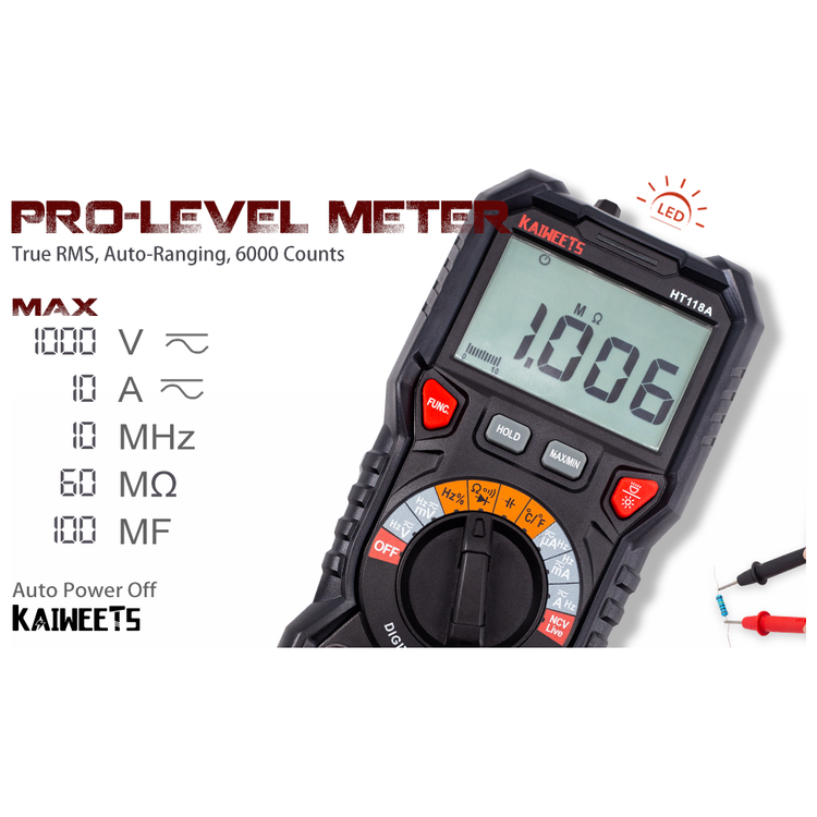 KAIWEETS Digital Multimeter TRMS 6000 Counts Voltmeter Auto-Ranging Fast Accurately Measures Voltage Current Amp Resistance Diodes Continuity Duty-Cycle Capacitance Temperature for Automotive