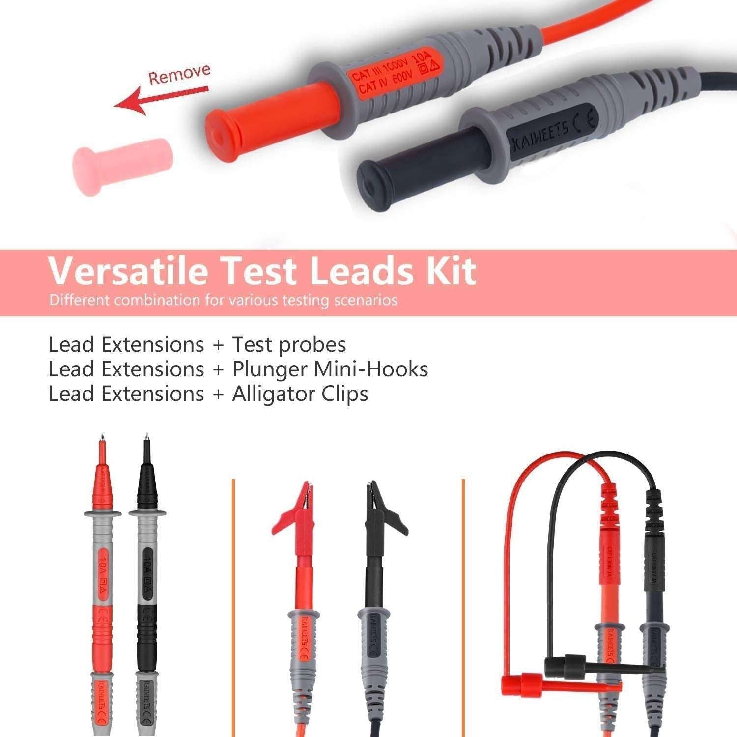 KAIWEETS Soft Silicone Electrician Test Leads Kit CAT III 1000V &amp; CAT IV 600V with Alligator Clips and Needle Probe for Fluke/AstroAI/INNOVA Multimeter Electronic Clamp Meter 9PCS