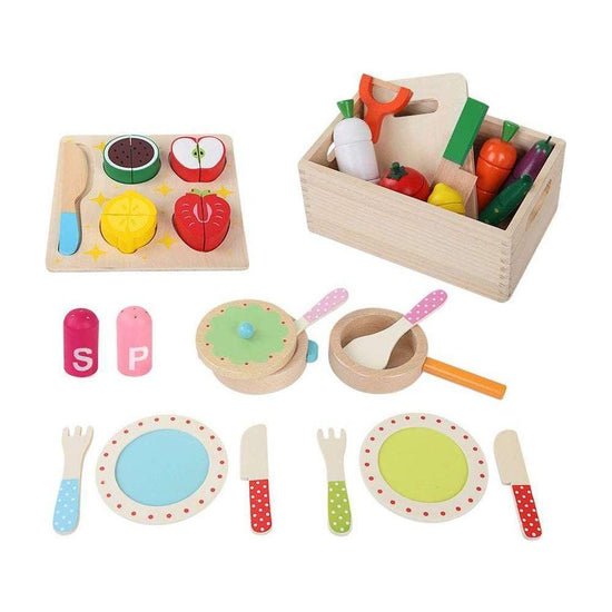 Keezi Kids Kitchen Play Set Wooden Pretend Toys Cooking Utensils Pots Pans Food