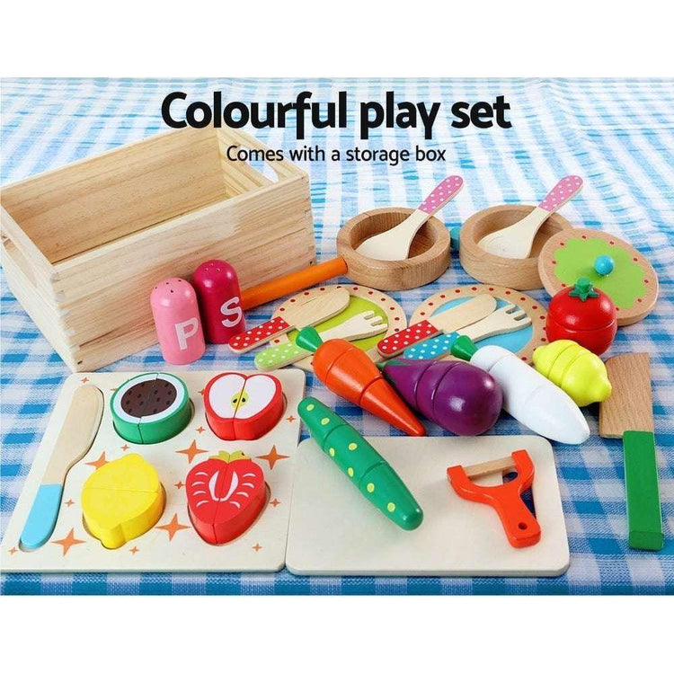 Keezi Kids Kitchen Play Set Wooden Pretend Toys Cooking Utensils Pots Pans Food