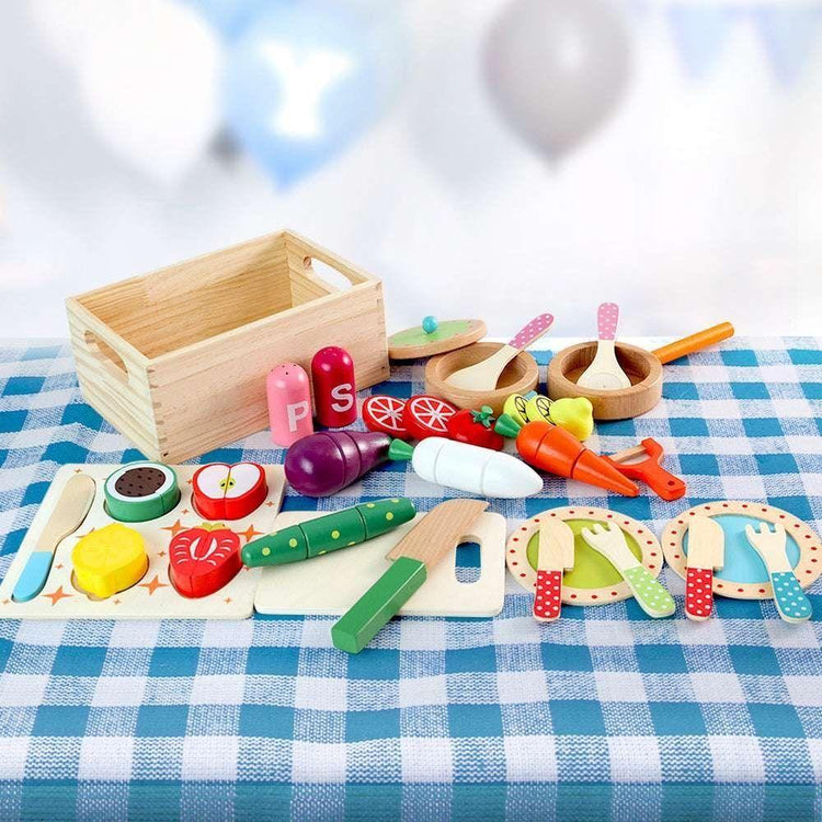 Keezi Kids Kitchen Play Set Wooden Pretend Toys Cooking Utensils Pots Pans Food - Magdasmall