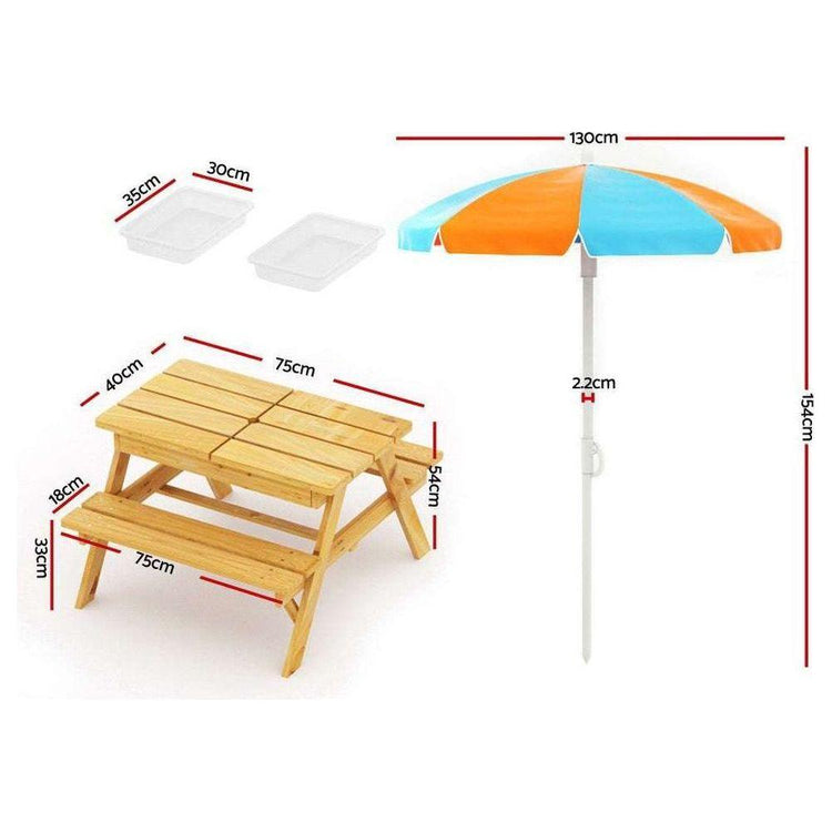 Keezi Kids Outdoor Table and Chairs Picnic Bench Set Umbrella Water Sand Pit Box - Magdasmall