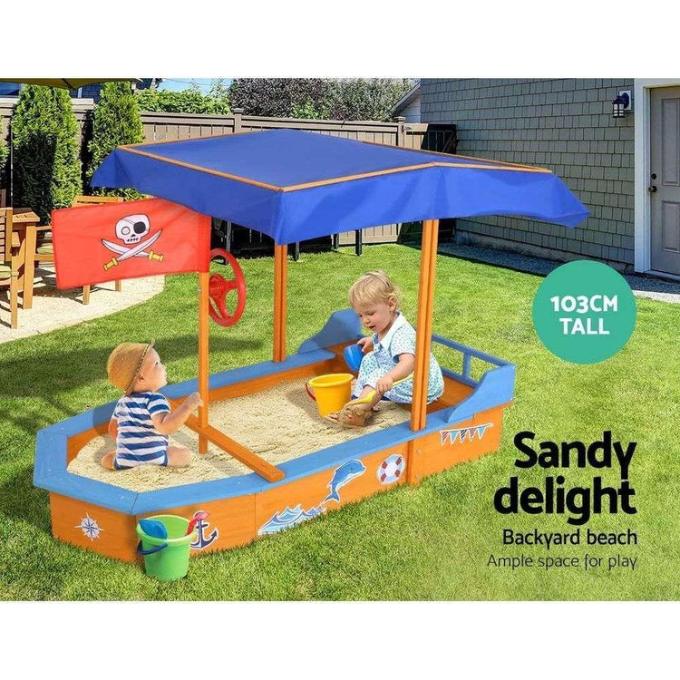 Keezi Kids Sandpit Wooden Boat Sand Pit with Canopy Bench Seat Beach Toys 150cm - Magdasmall