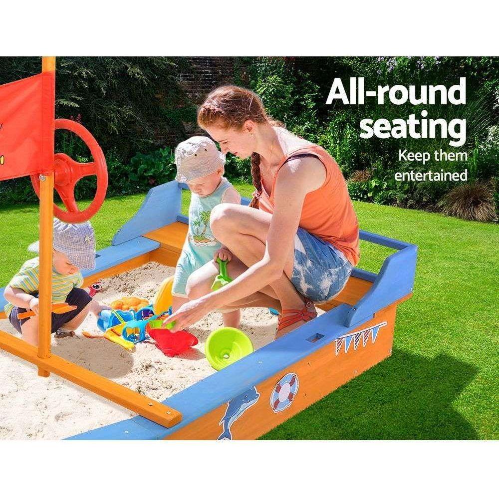 Keezi Kids Sandpit Wooden Boat Sand Pit with Canopy Bench Seat Beach Toys 150cm - Magdasmall