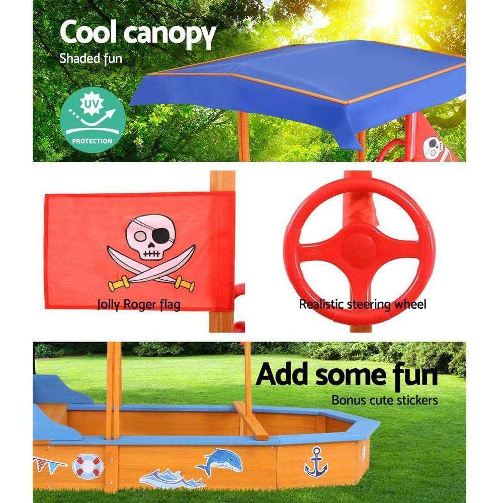 Keezi Kids Sandpit Wooden Boat Sand Pit with Canopy Bench Seat Beach Toys 150cm - Magdasmall