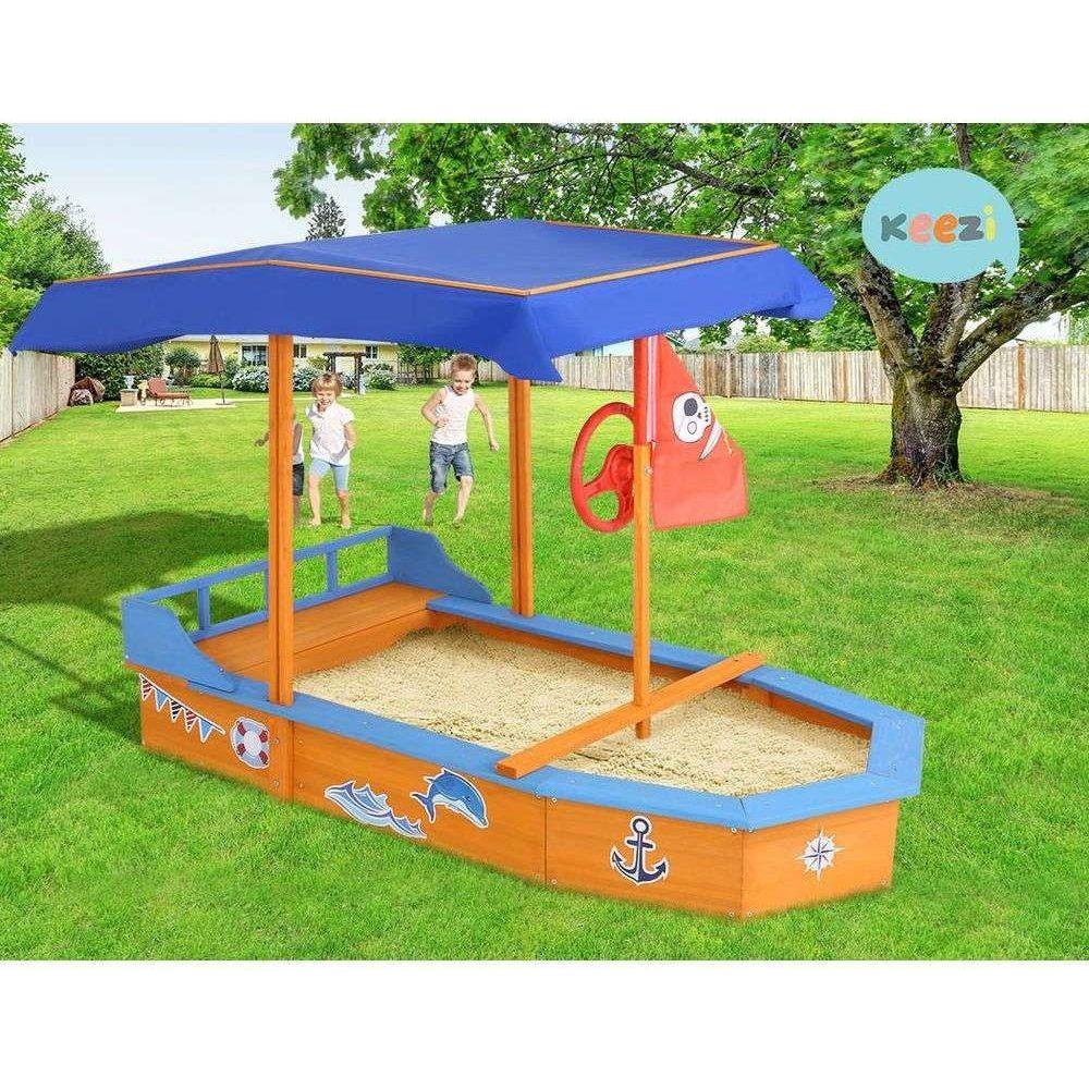 Keezi Kids Sandpit Wooden Boat Sand Pit with Canopy Bench Seat Beach Toys 150cm - Magdasmall