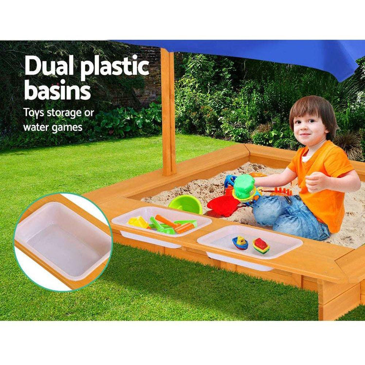 Keezi Kids Sandpit Wooden Sandbox Sand Pit with Canopy Water Basin Toys 103cm - Magdasmall