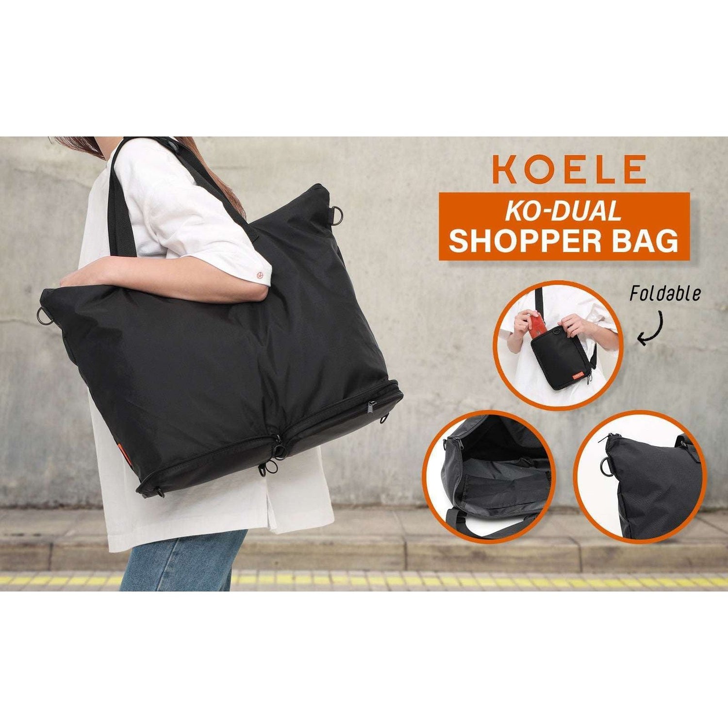 KOELE Black Shopper Bag Tote Bag Foldable Travel Laptop Grocery KO-DUAL - Magdasmall