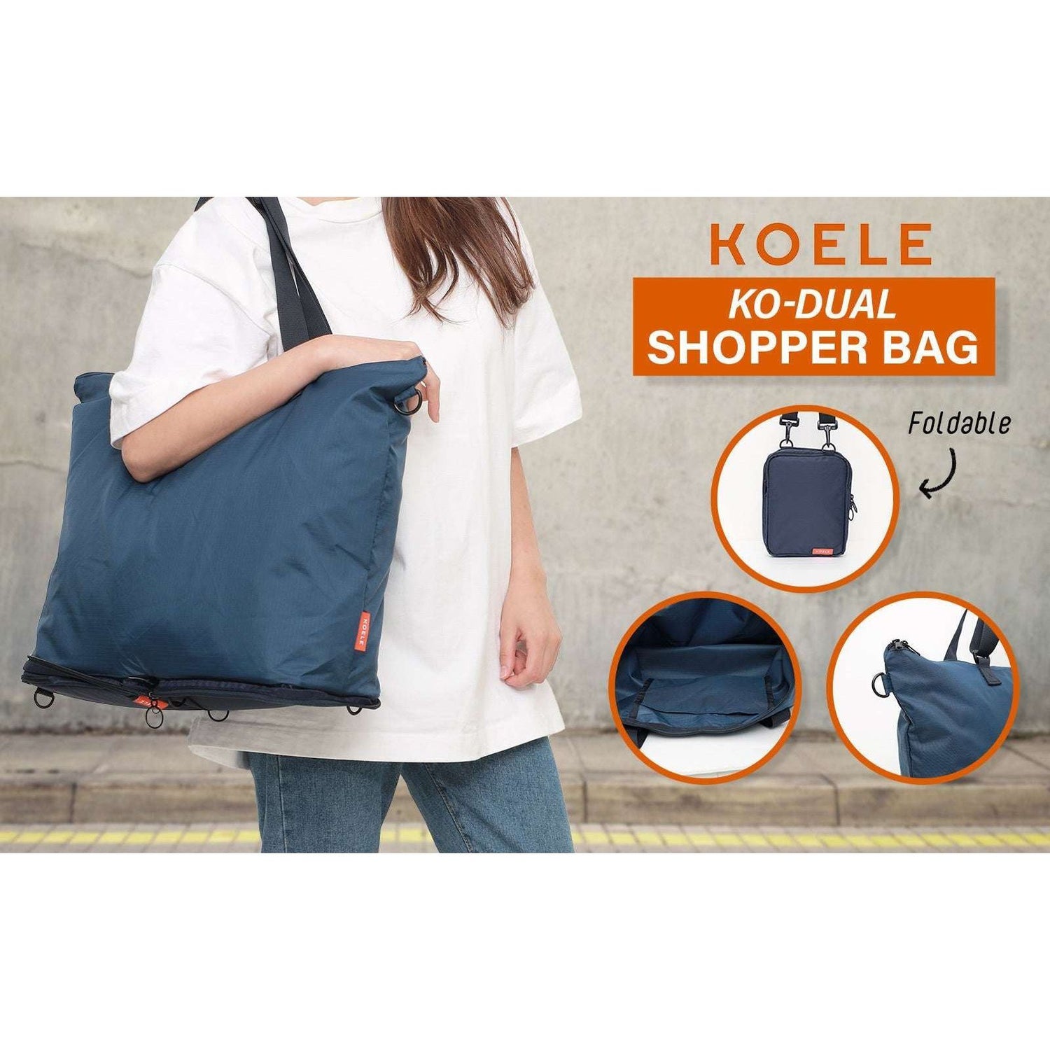 KOELE Navy Shopper Bag Tote Bag Foldable Travel Laptop Grocery KO-DUAL