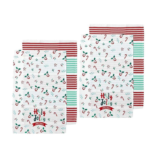 Ladelle Joyful Holly Jolly Christmas Set of 4 Cotton Kitchen Towels 45 x 70 cm