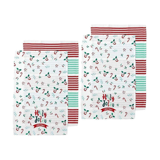 Ladelle Joyful Holly Jolly Christmas Set of 4 Cotton Kitchen Towels 45 x 70 cm - Magdasmall