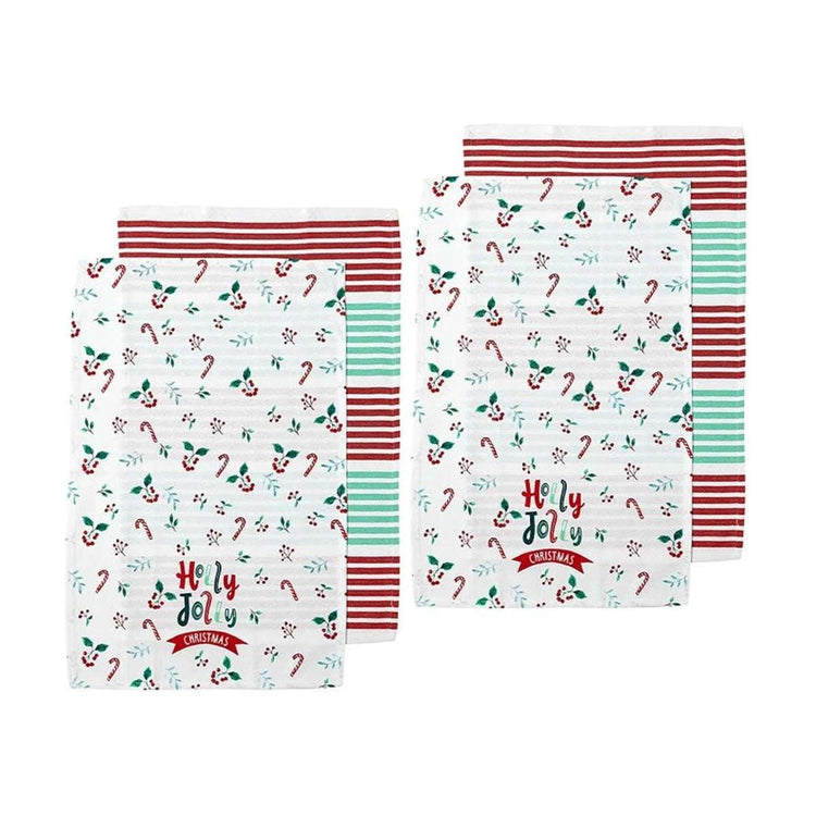 Ladelle Joyful Holly Jolly Christmas Set of 4 Cotton Kitchen Towels 45 x 70 cm - Magdasmall