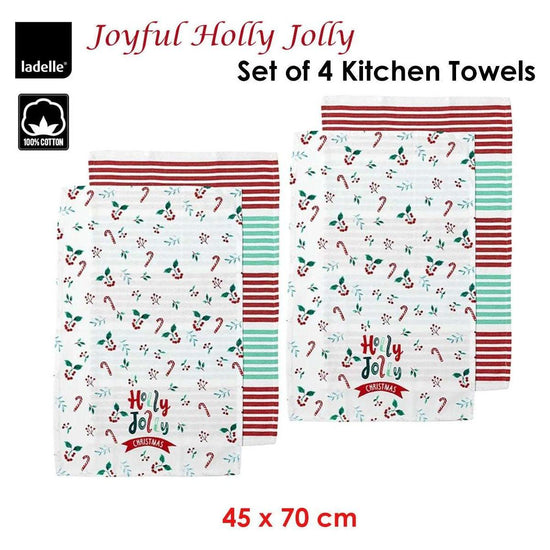 Ladelle Joyful Holly Jolly Christmas Set of 4 Cotton Kitchen Towels 45 x 70 cm