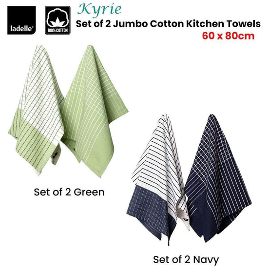 Ladelle Kyrie Cotton Set of 2 Jumbo Kitchen Towels 60 x 80 cm Green