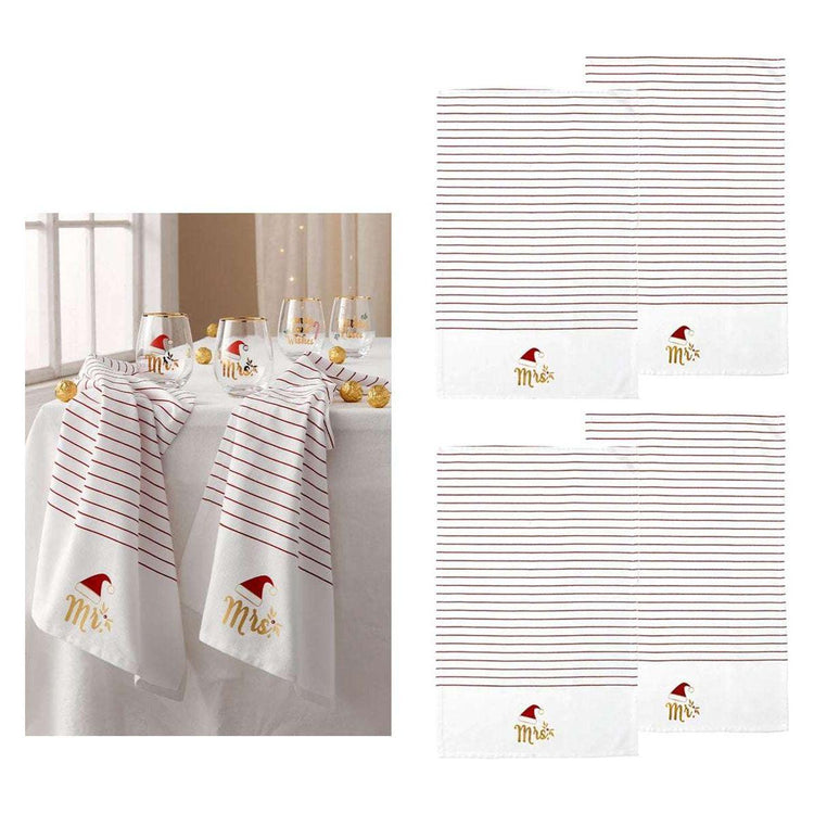 Ladelle Mr & Mrs Christmas Hat Set of 4 Cotton Kitchen Towels 45 x 70 cm - Magdasmall