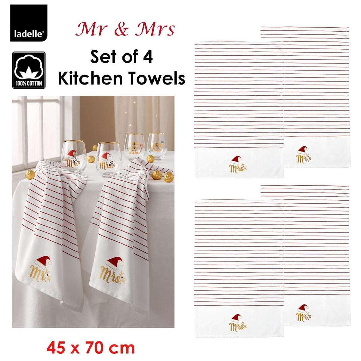 Ladelle Mr & Mrs Christmas Hat Set of 4 Cotton Kitchen Towels 45 x 70 cm - Magdasmall