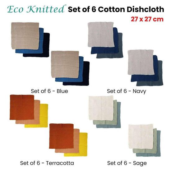 Ladelle Set of 6 Eco Knitted Cotton Dishcloth 27 x 27cm Blue