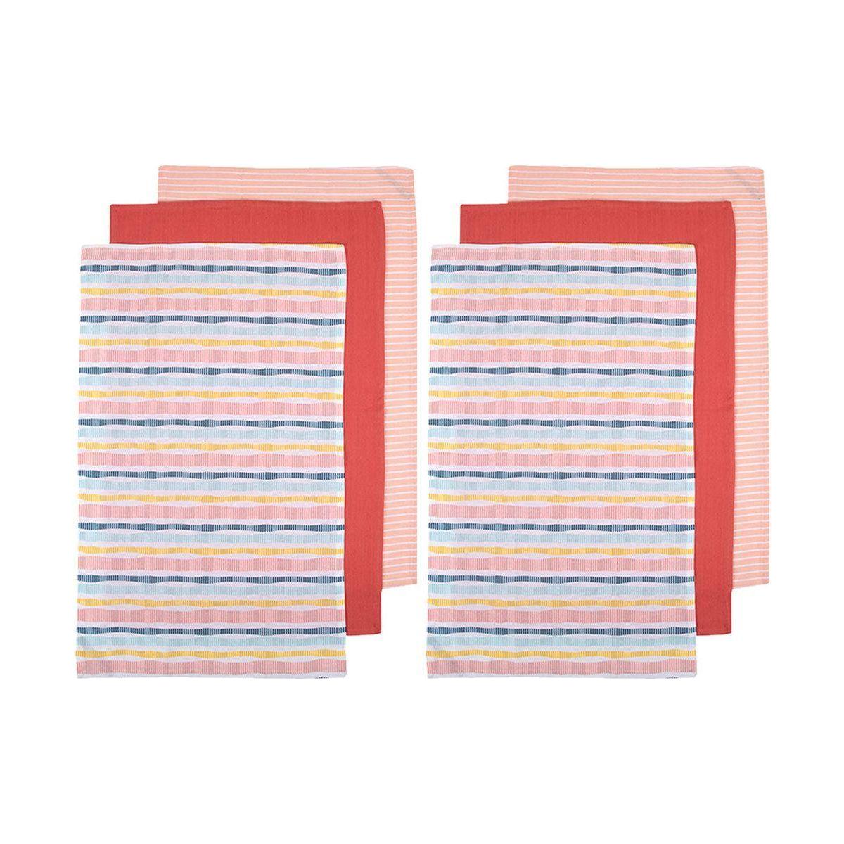 Ladelle Set of 6 Zest Bright Cotton Kitchen Tea Towels 50 x 70 cm Stripes