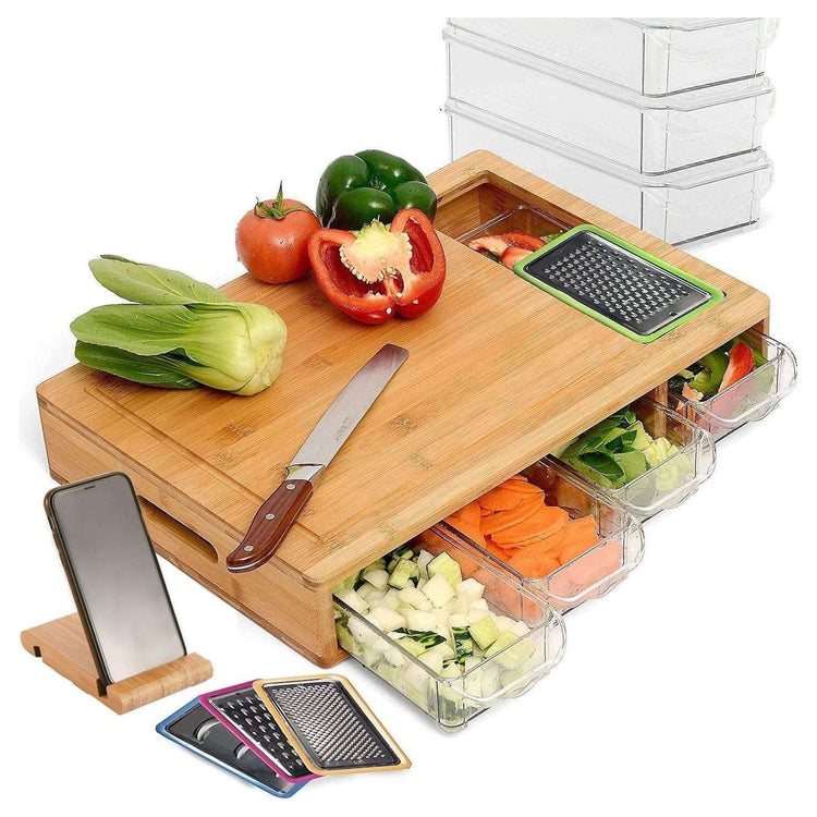 Large Bamboo Cutting Board and 4 Containers with Mobile Holder gift included for Home Kitchen - Magdasmall