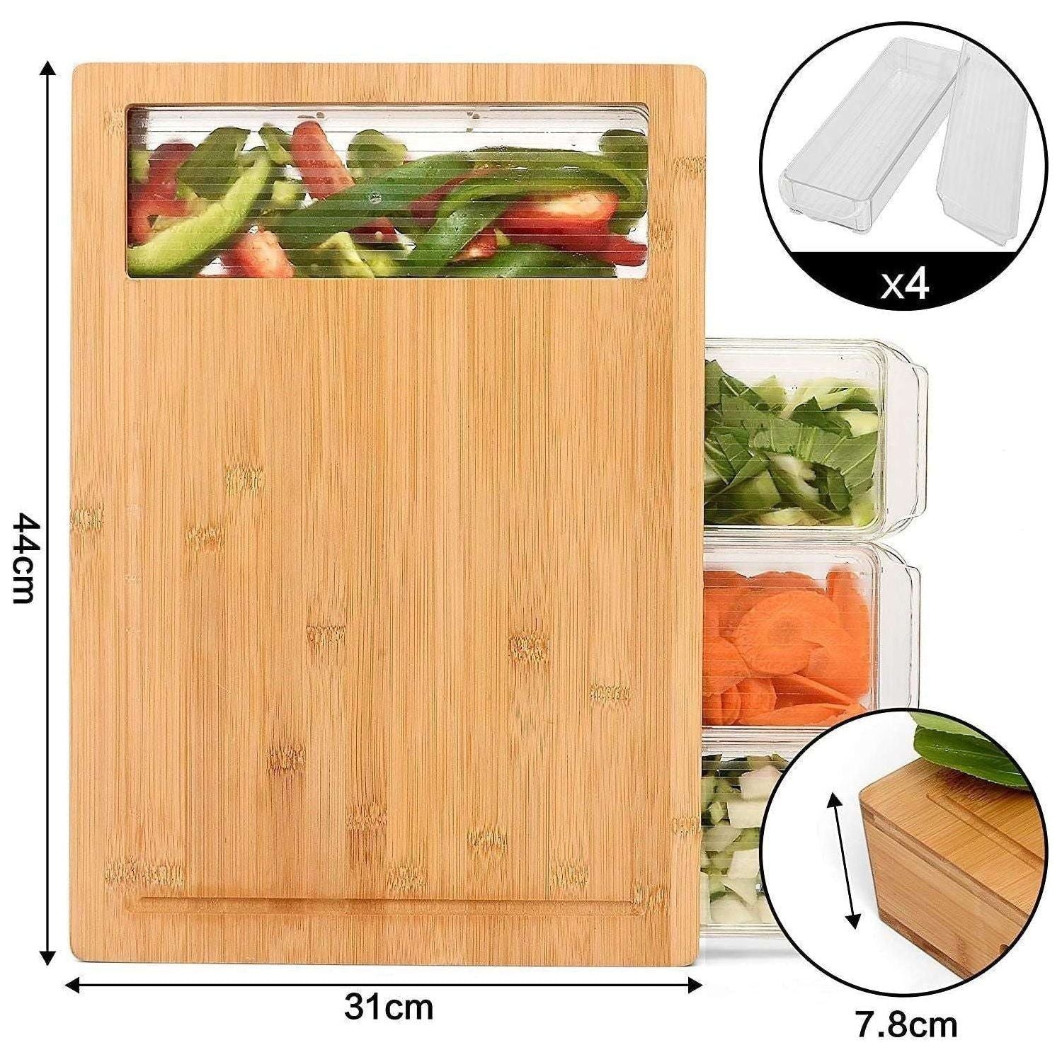 Large Bamboo Cutting Board and 4 Containers with Mobile Holder gift included for Home Kitchen