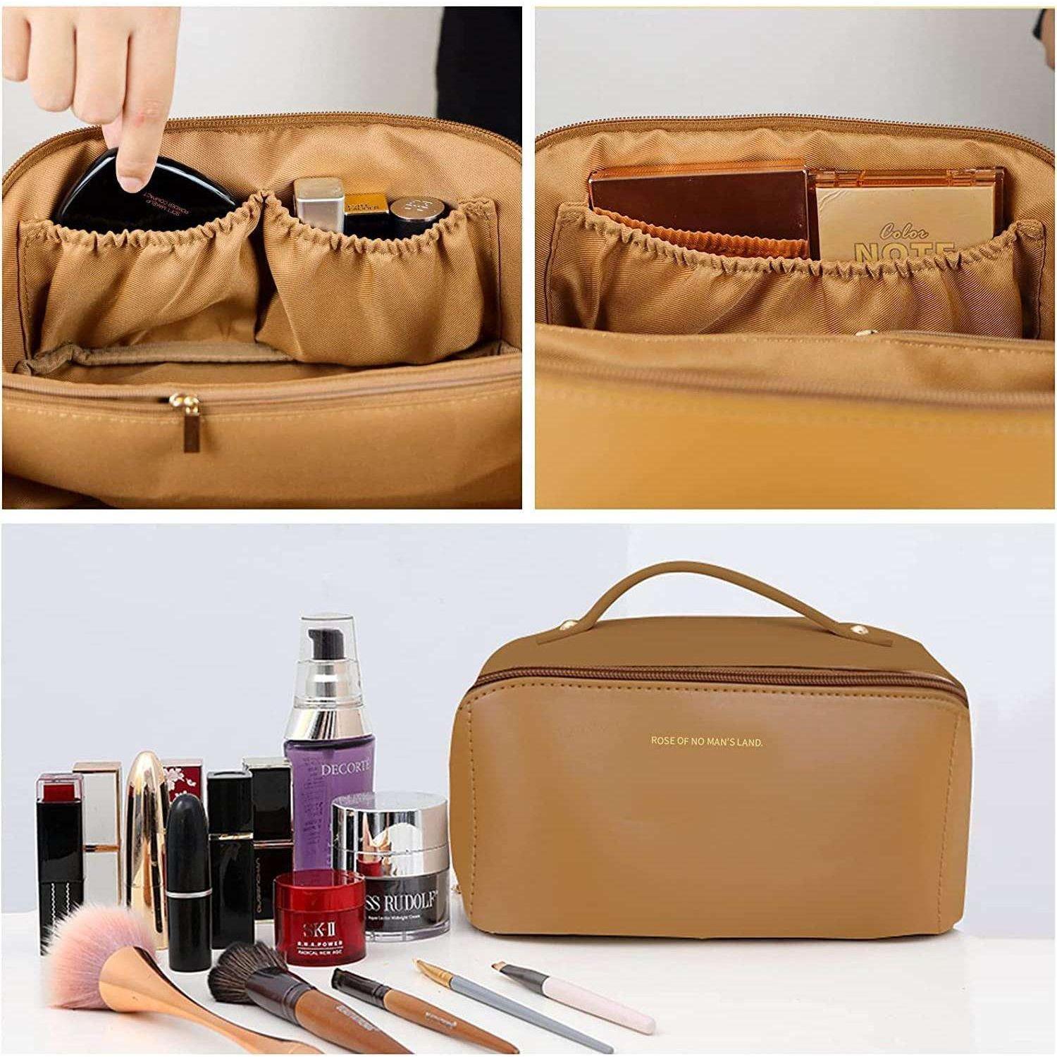 Large Travel Cosmetic Bag Portable Make up Makeup Bag Waterproof PU Leather Storage Brown