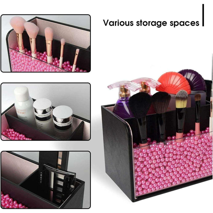 Leather Makeup Brush Cosmetic Organiser Storage Box with Pink Pearls, Acrylic Cover and 3 Compartments(Black)