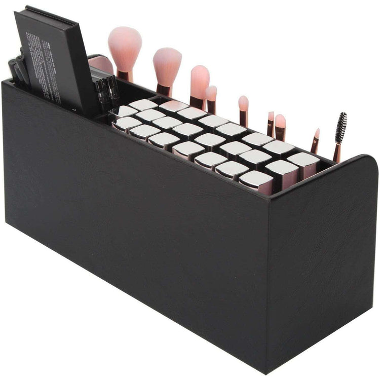 Leather Makeup Brush Cosmetic Organiser Storage Box with Pink Pearls, Acrylic Cover and 3 Compartments(Black)