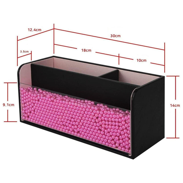 Leather Makeup Brush Cosmetic Organiser Storage Box with Pink Pearls, Acrylic Cover and 3 Compartments(Black)