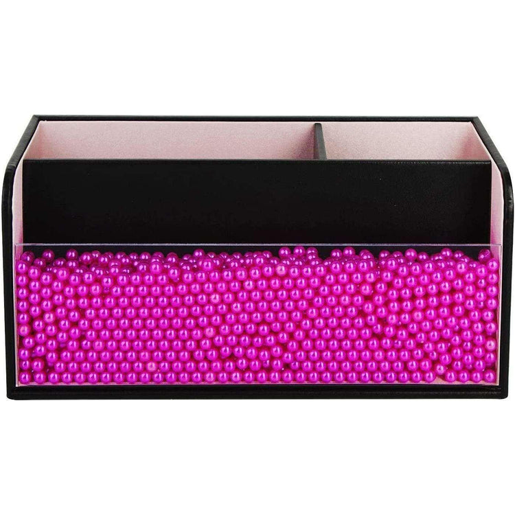 Leather Makeup Brush Cosmetic Organiser Storage Box with Pink Pearls, Acrylic Cover and 3 Compartments(Black)