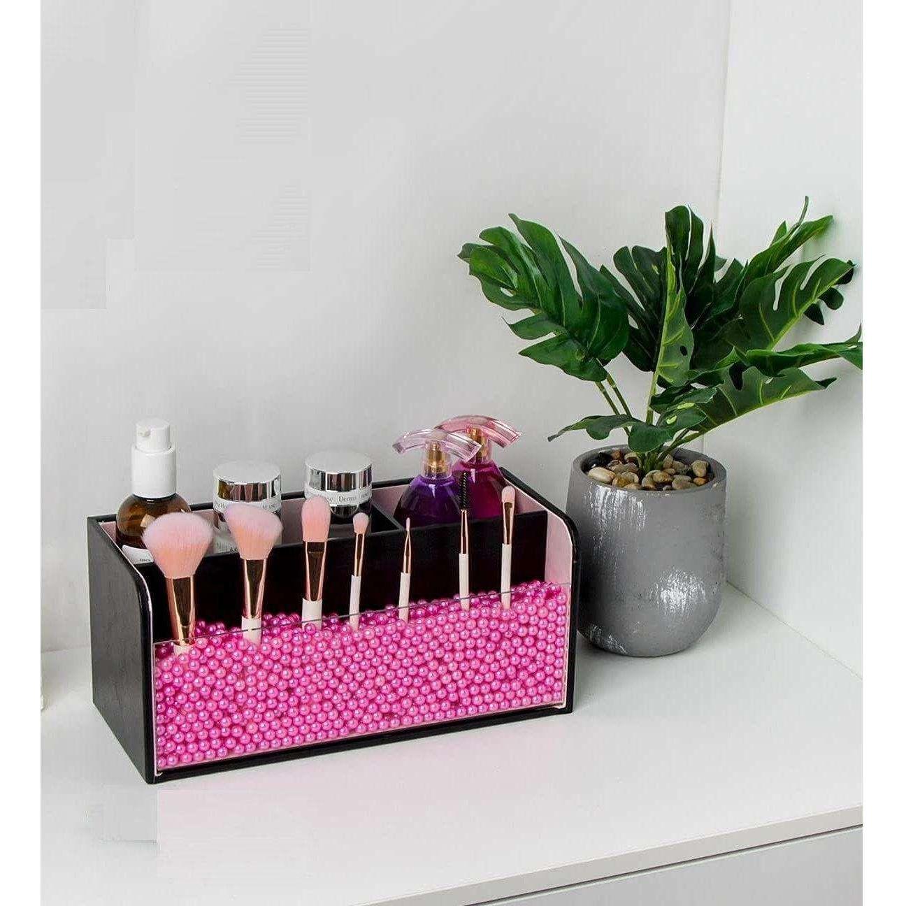 Leather Makeup Brush Cosmetic Organiser Storage Box with Pink Pearls, Acrylic Cover and 3 Compartments(Black)