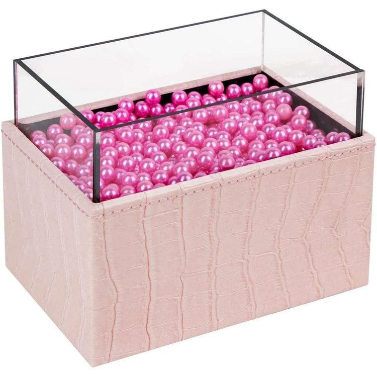 Leather Makeup Brush Cosmetic Organiser Storage Box with Pink Pearls and Acrylic Cover (Pink)