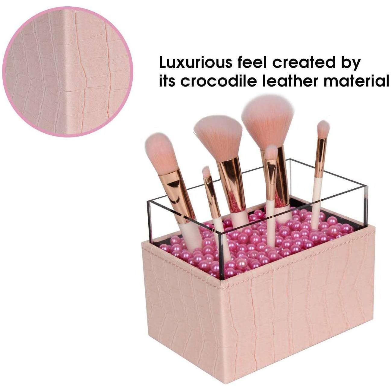 Leather Makeup Brush Cosmetic Organiser Storage Box with Pink Pearls and Acrylic Cover (Pink)