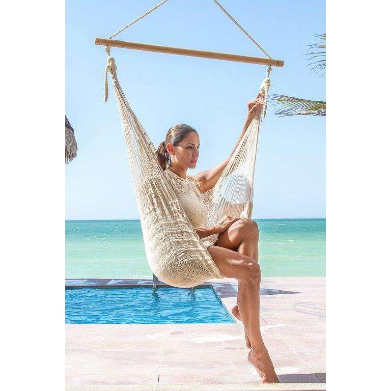 Mayan Legacy Extra Large Outdoor Cotton Mexican Hammock Chair in Cream Colour