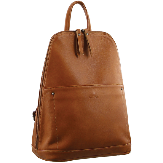 Milleni Ladies Genuine Italian Leather Backpack Bag Twin Zip - Cognac