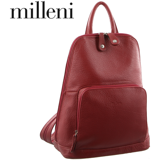 Milleni Womens Twin Zip Backpack Nappa Italian Leather Bag Travel - Red