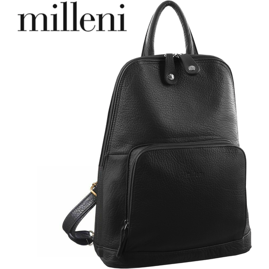 Milleni Womens Twin Zip Backpack Nappa Italian Leather Travel Bag - Black