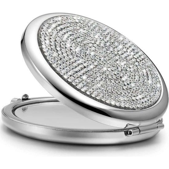 Mini Small Diamond 1X/2X Magnifying Round Metal Pocket Makeup Mirror (Silver)