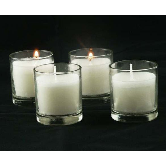 10 White Wax Clear Glass Holder Votive Candle - Wedding Event Centrepiece Table Decoration