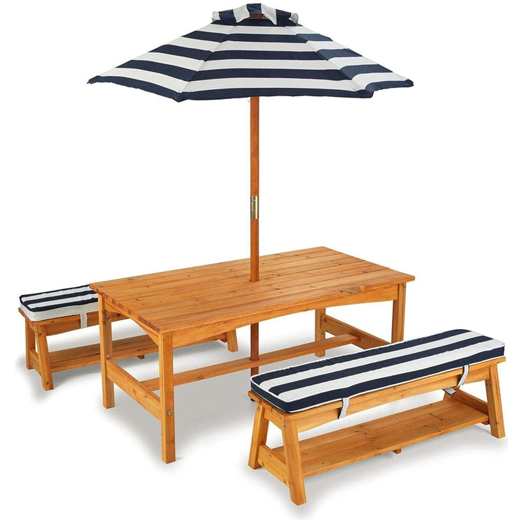 Outdoor Table &amp; Bench Set with Cushions &amp; Umbrella (Navy)