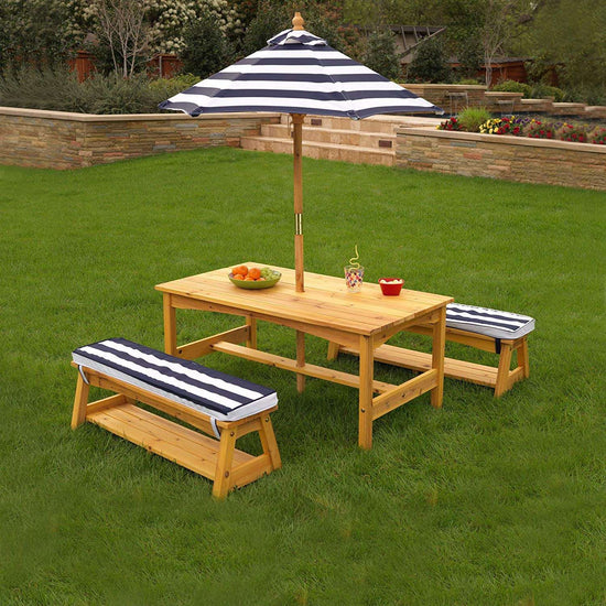 Outdoor Table &amp; Bench Set with Cushions &amp; Umbrella (Navy)