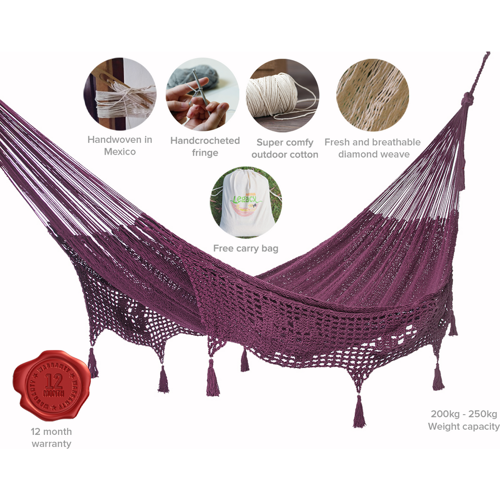 Outdoor undercover cotton Mayan Legacy hammock with hand crocheted tassels King Size Maroon