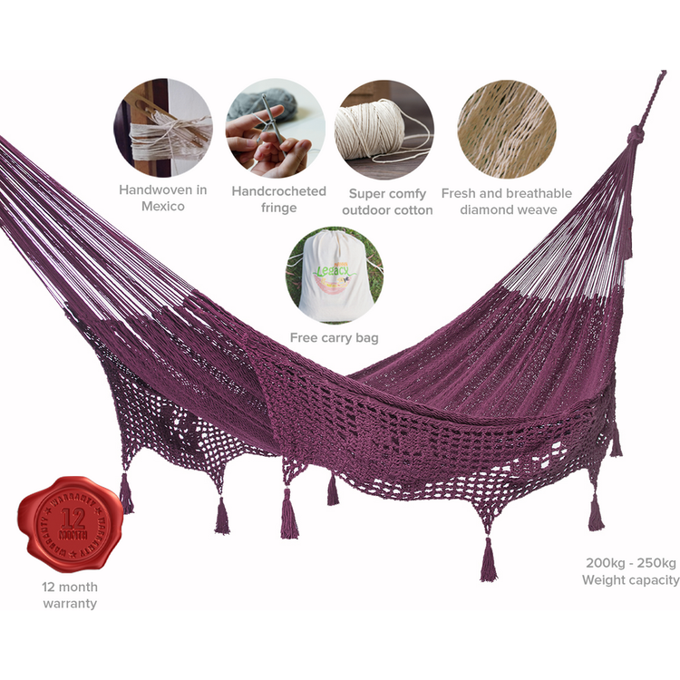 Outdoor undercover cotton Mayan Legacy hammock with hand crocheted tassels King Size Maroon