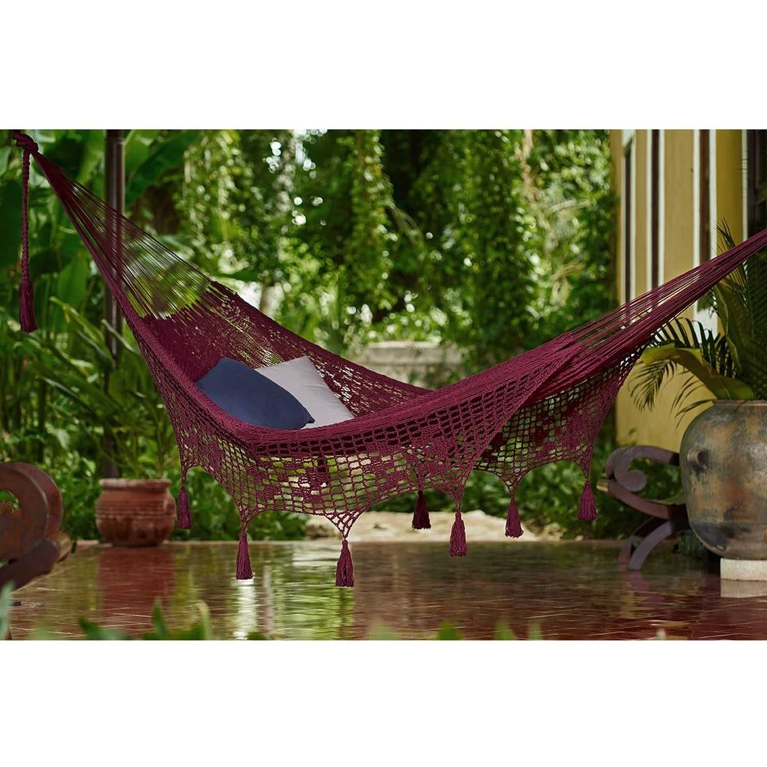 Outdoor undercover cotton Mayan Legacy hammock with hand crocheted tassels King Size Maroon